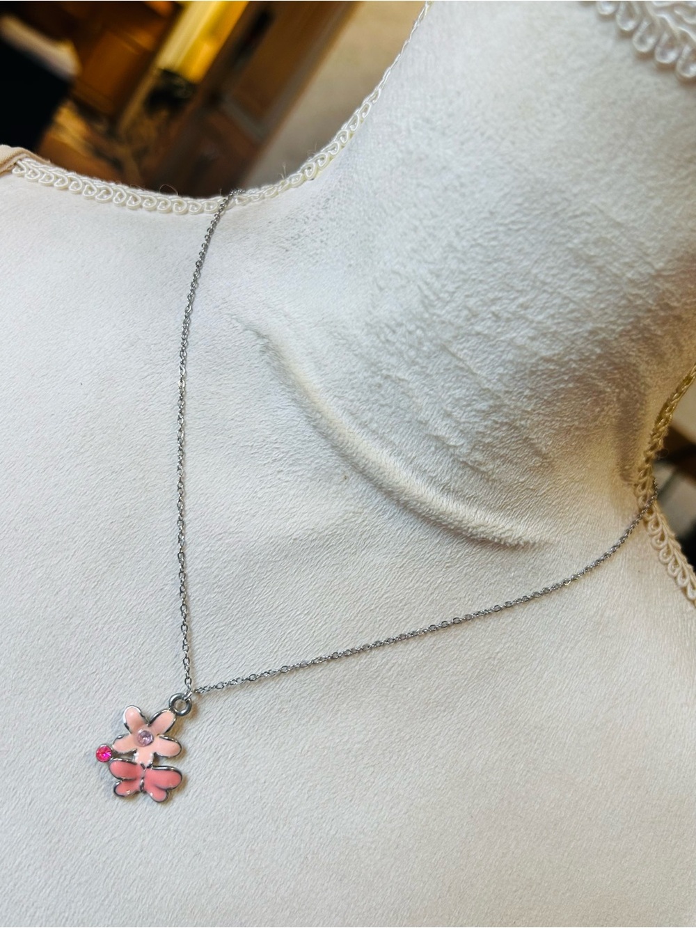 Handcrafted vintage enamel floral butterfly stone pendant on chain necklace